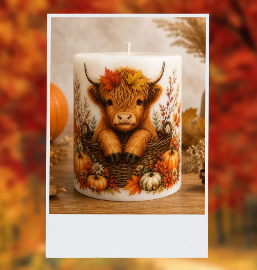 Highland Cow in a Basket – Autumn Pillar Candle