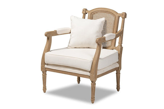 Baxton Studio Clemence French Provincial Ivory Fabric Upholstered Whitewashed Wood Armchair - Armand’s Maison & Marché
