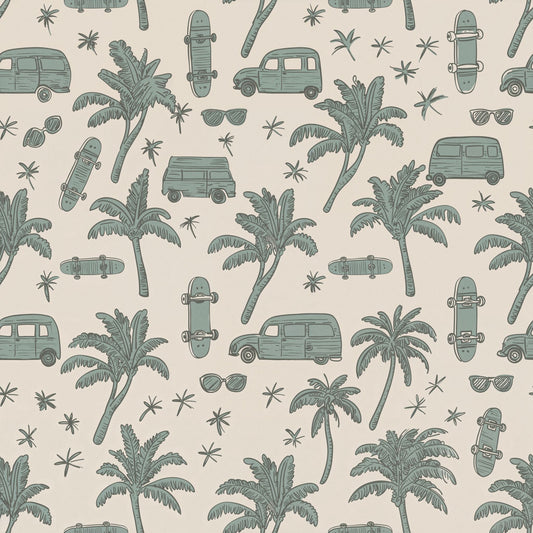 Coastal Palm Trees & Vans Wallpaper – Sage Green & Cream - Armand’s Maison & Marché