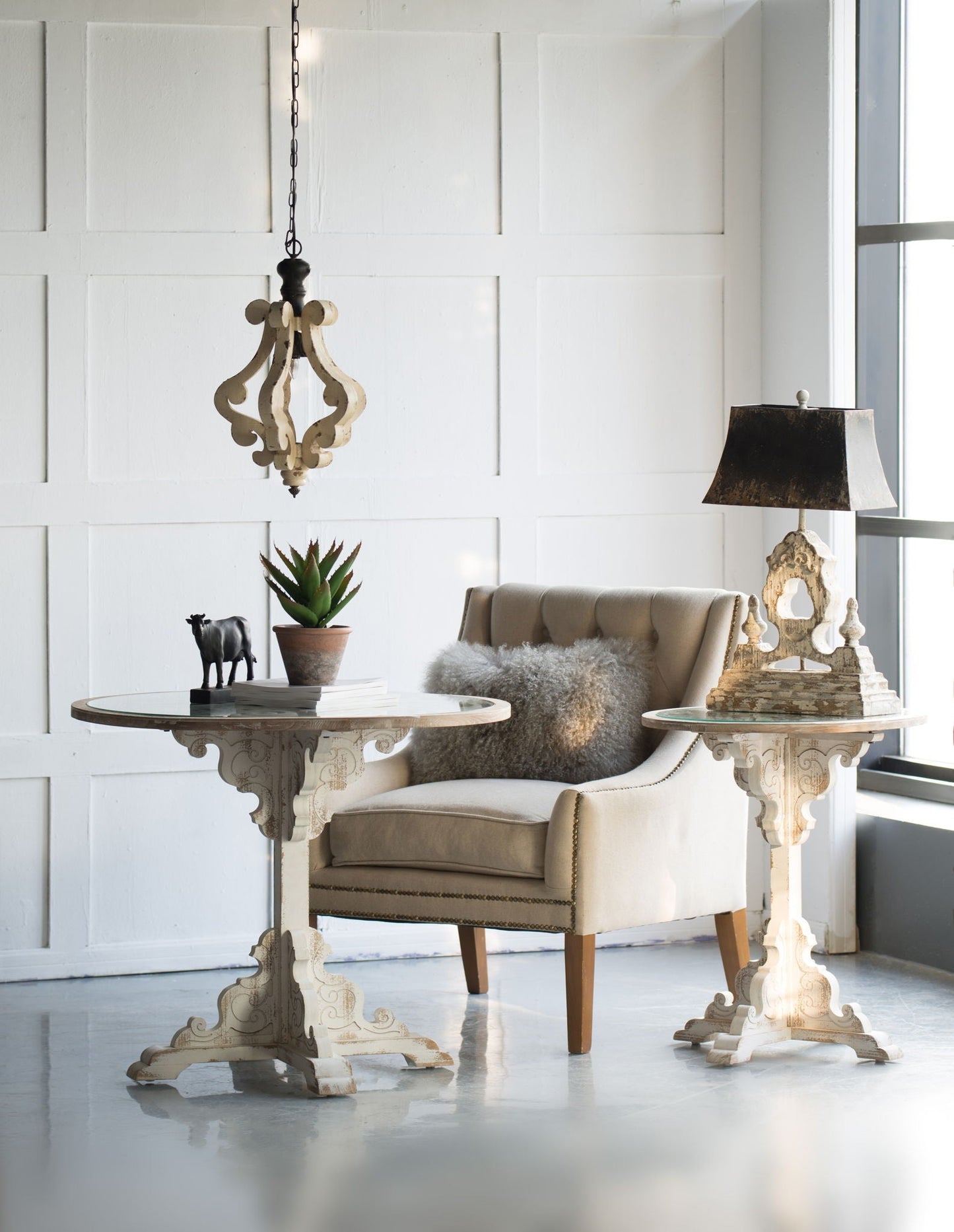 Farmhouse Chandeliar Distressed Pendant French Country Wood Chandelier For Living Room Foyer, Bulb Not Included - Antique Cream - Armand’s Maison & Marché