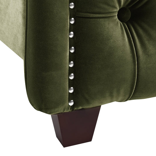 Marcella Olive Green Upholstered Queen Bed – Tufted Shelter Headboard - Armand’s Maison & Marché