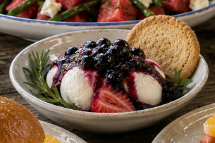Vanilla Bean Ice Cream with Blueberry Coulis, Fresh Strawberry & Rosemary