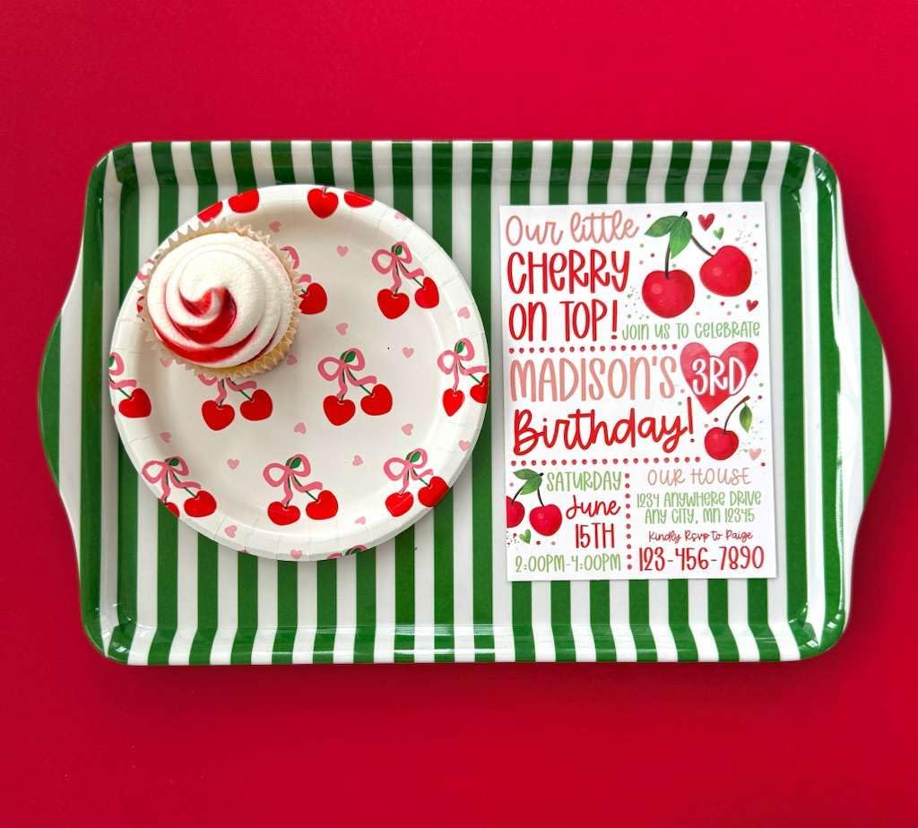 15" Large Green Stripe Melamine Serving Tray with Handles - Armand’s Maison & Marché