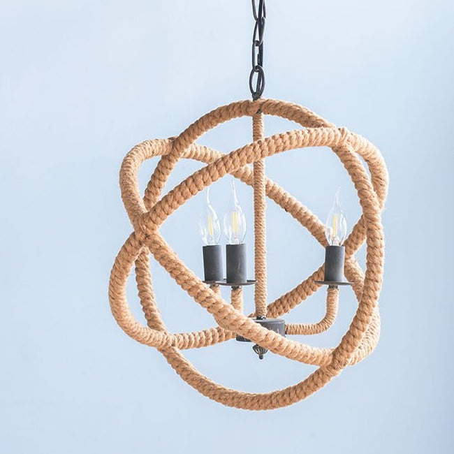 3 Light Farmhouse Chandelier, Rope Chandelier Globe Hanging Light Fixture With With Adjustable Chain For Kitchen, Bulb Not Included - Beige Brown - Armand’s Maison & Marché