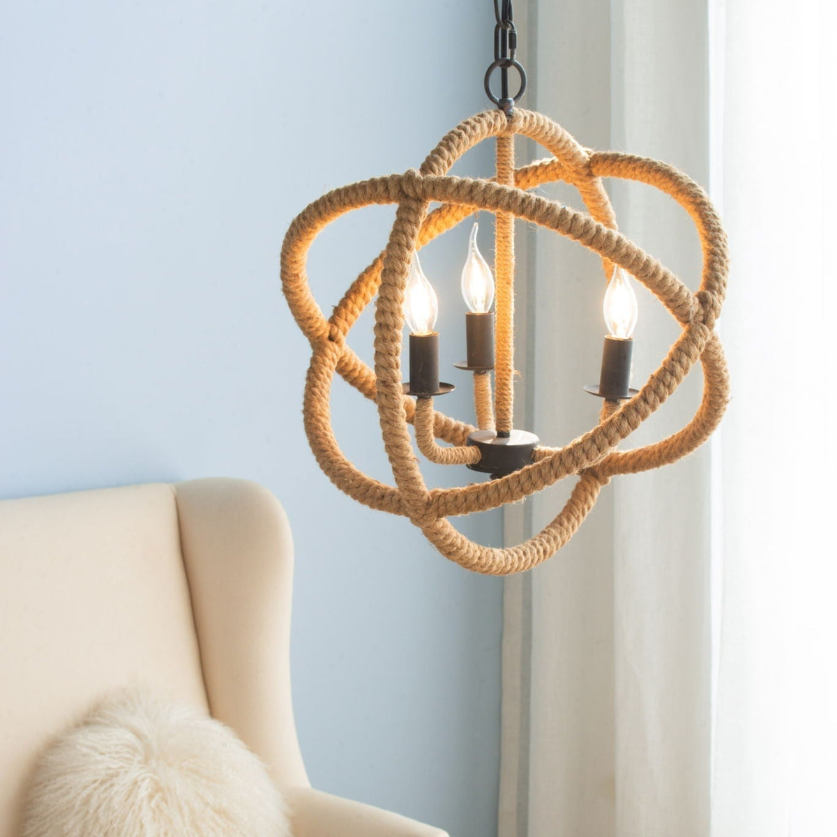 3 Light Farmhouse Chandelier, Rope Chandelier Globe Hanging Light Fixture With With Adjustable Chain For Kitchen, Bulb Not Included - Beige Brown - Armand’s Maison & Marché