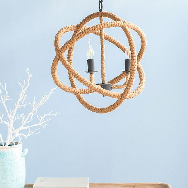 3 Light Farmhouse Chandelier, Rope Chandelier Globe Hanging Light Fixture With With Adjustable Chain For Kitchen, Bulb Not Included - Beige Brown - Armand’s Maison & Marché