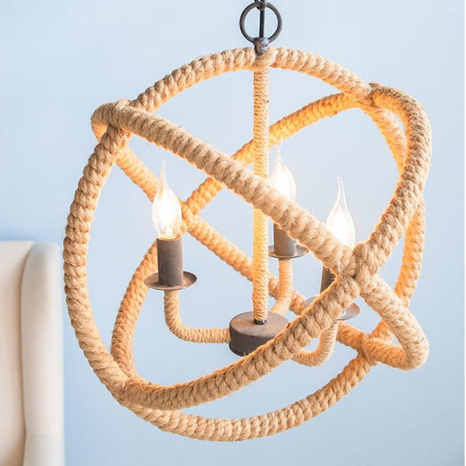 3 Light Farmhouse Chandelier, Rope Chandelier Globe Hanging Light Fixture With With Adjustable Chain For Kitchen, Bulb Not Included - Beige Brown - Armand’s Maison & Marché