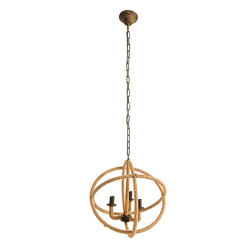 3 Light Farmhouse Chandelier, Rope Chandelier Globe Hanging Light Fixture With With Adjustable Chain For Kitchen, Bulb Not Included - Beige Brown - Armand’s Maison & Marché