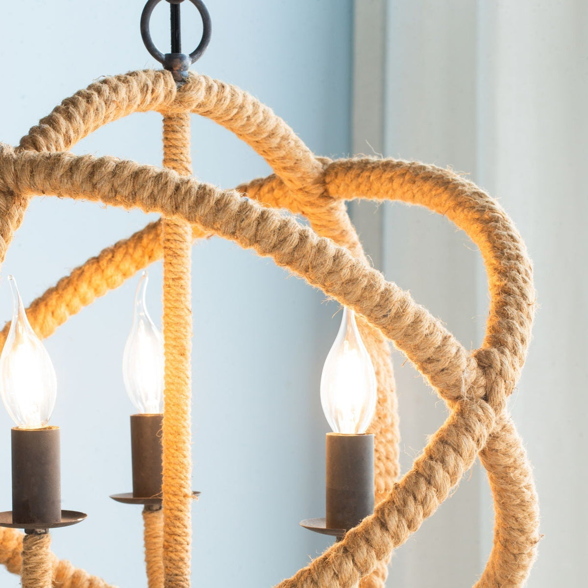 3 Light Farmhouse Chandelier, Rope Chandelier Globe Hanging Light Fixture With With Adjustable Chain For Kitchen, Bulb Not Included - Beige Brown - Armand’s Maison & Marché