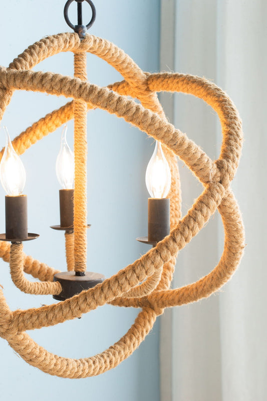 3 Light Farmhouse Chandelier, Rope Chandelier Globe Hanging Light Fixture With With Adjustable Chain For Kitchen, Bulb Not Included - Beige Brown - Armand’s Maison & Marché