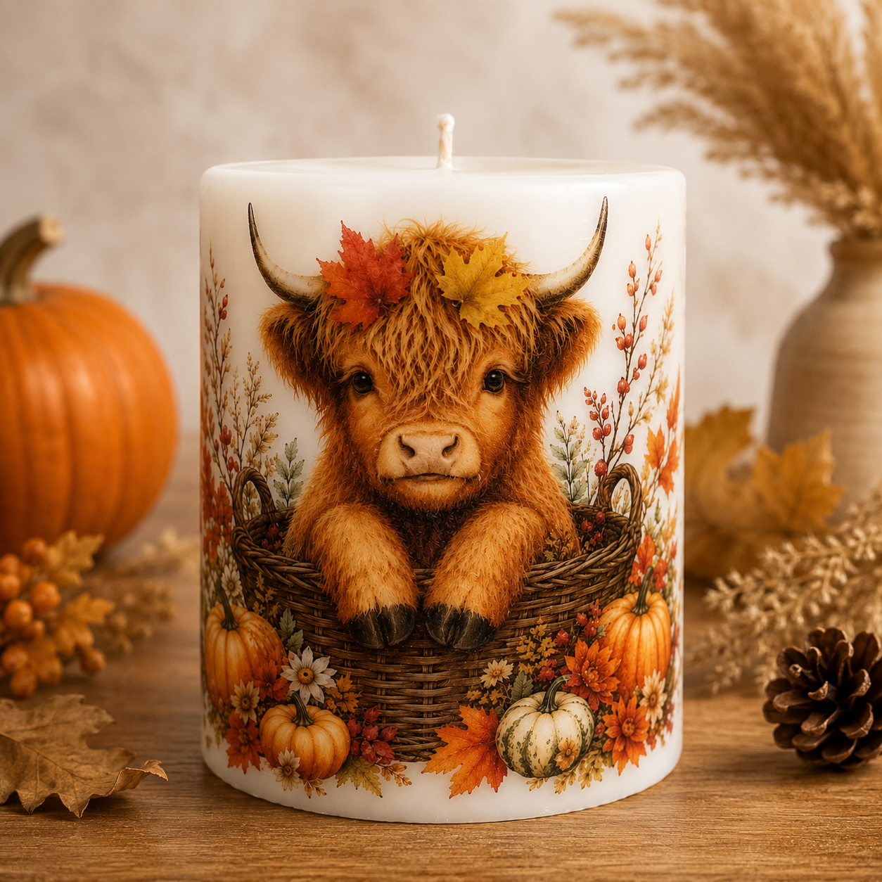 Highland Cow in a Basket Autumn Pillar Candle