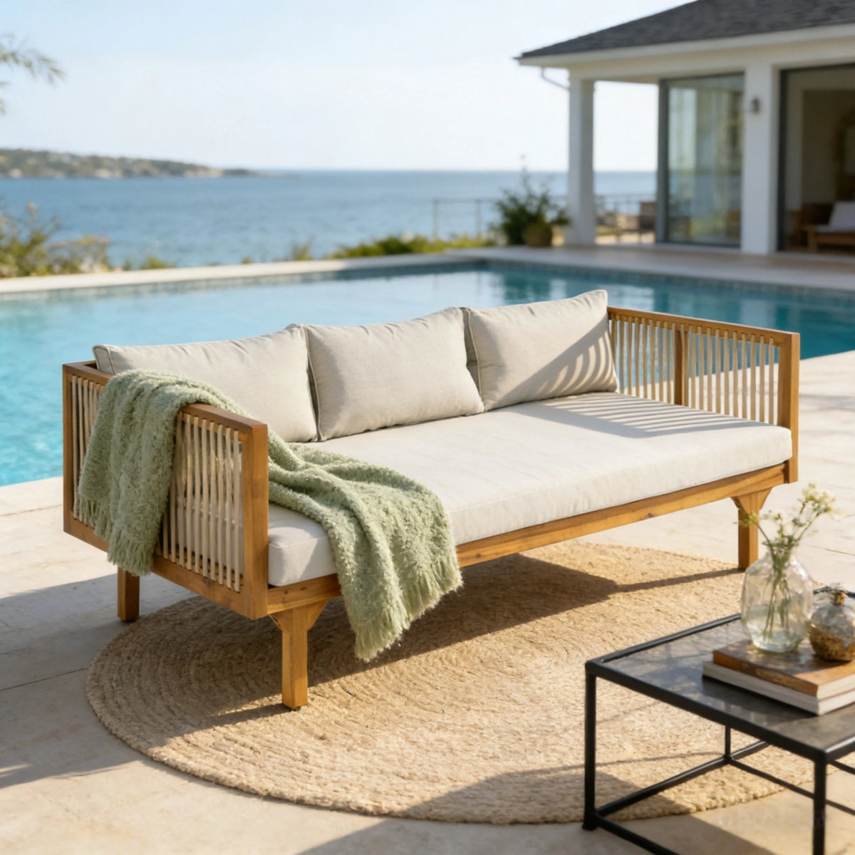 Acacia Wood & Rope Outdoor Patio Sofa – Teak Finish - Armand’s Maison & Marché