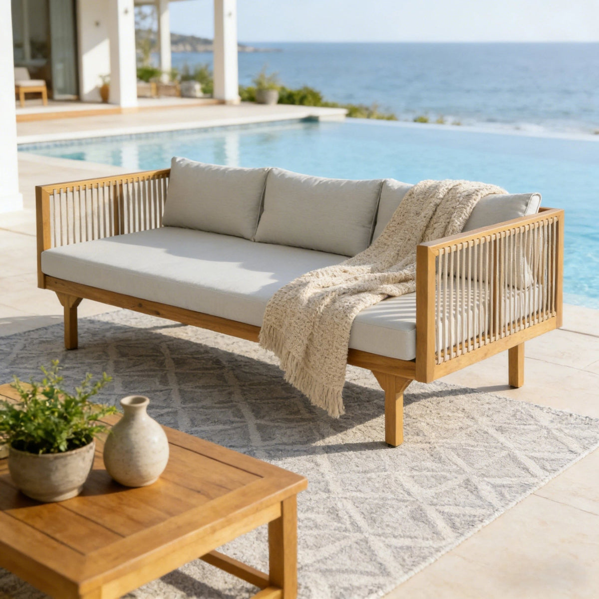 Acacia Wood & Rope Outdoor Patio Sofa – Teak Finish - Armand’s Maison & Marché