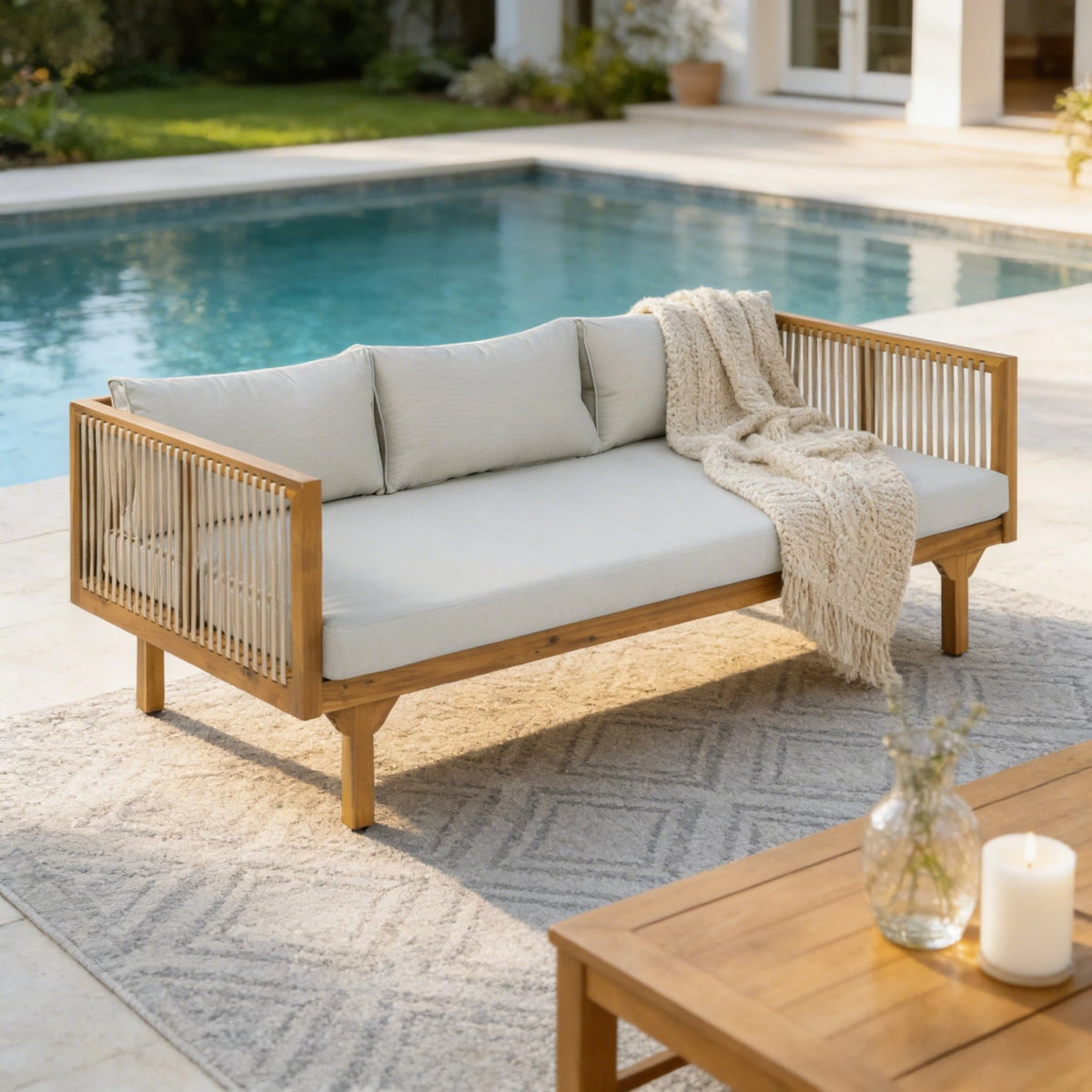 Acacia Wood & Rope Outdoor Patio Sofa – Teak Finish - Armand’s Maison & Marché