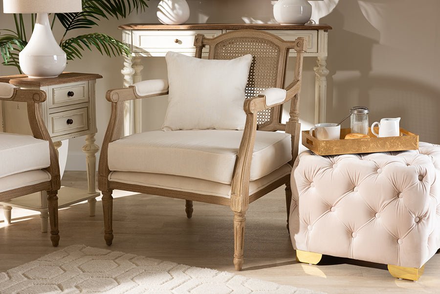 Baxton Studio Clemence French Provincial Ivory Fabric Upholstered Whitewashed Wood Armchair - Armand’s Maison & Marché