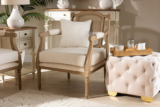Baxton Studio Clemence French Provincial Ivory Fabric Upholstered Whitewashed Wood Armchair - Armand’s Maison & Marché
