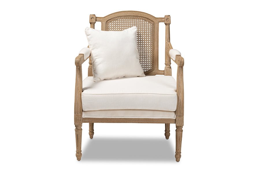 Baxton Studio Clemence French Provincial Ivory Fabric Upholstered Whitewashed Wood Armchair - Armand’s Maison & Marché