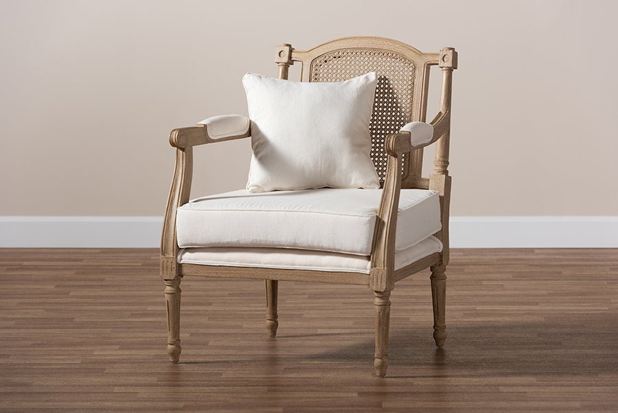 Baxton Studio Clemence French Provincial Ivory Fabric Upholstered Whitewashed Wood Armchair - Armand’s Maison & Marché