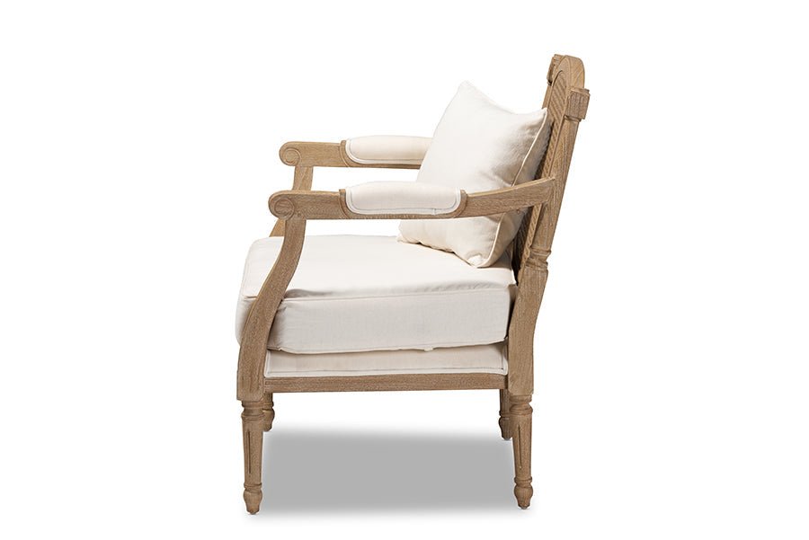 Baxton Studio Clemence French Provincial Ivory Fabric Upholstered Whitewashed Wood Armchair - Armand’s Maison & Marché