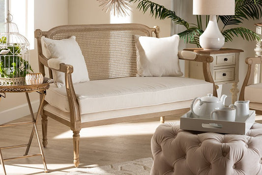 Baxton Studio Clemence French Provincial Ivory Fabric Upholstered Whitewashed Wood Loveseat - Armand’s Maison & Marché