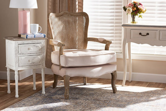 Baxton Studio Vallea Traditional French Provincial Light Beige Velvet Fabric Upholstered White-Washed Oak Wood Armchair - Armand’s Maison & Marché