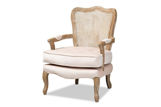 Baxton Studio Vallea Traditional French Provincial Light Beige Velvet Fabric Upholstered White-Washed Oak Wood Armchair - Armand’s Maison & Marché