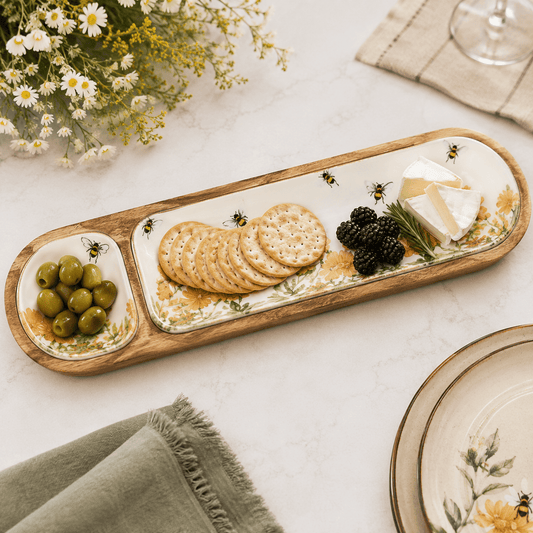 Bee Field - 2 Sectioned Mango Wood Tray - Armand’s Maison & Marché