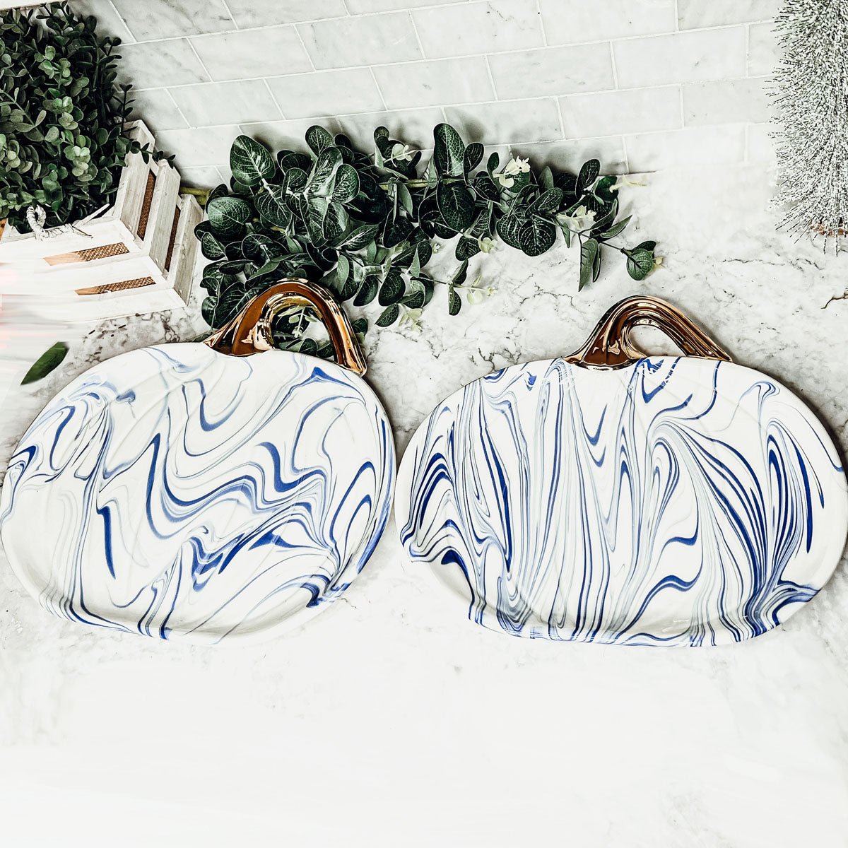 Blue & White Marble Pumpkin Serving Platters – Set of 2 - Armand’s Maison & Marché