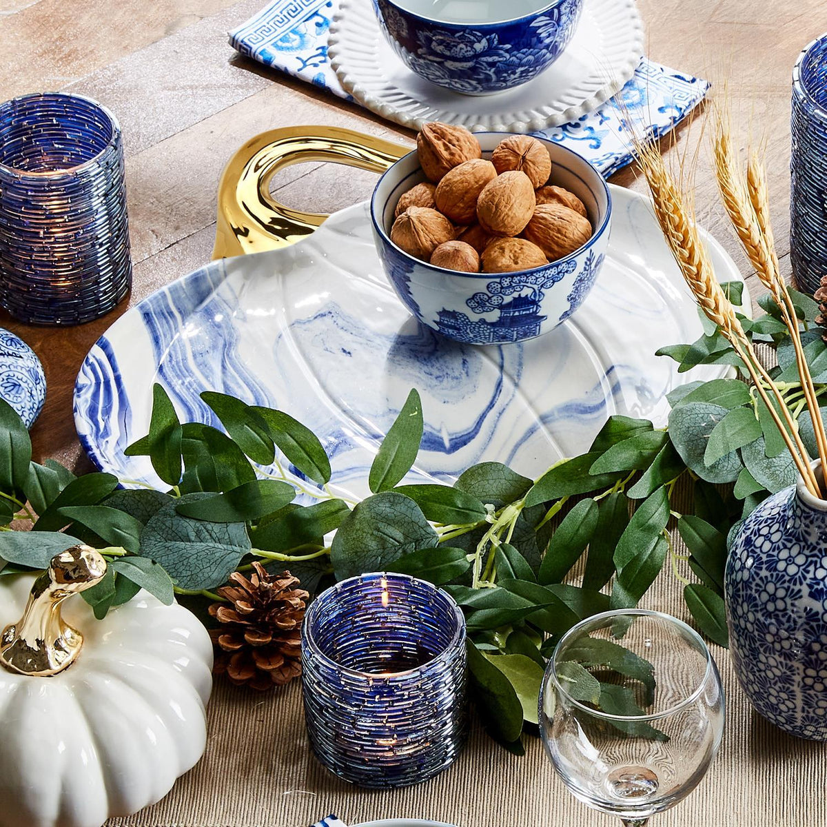 Blue & White Marble Pumpkin Serving Platters – Set of 2 - Armand’s Maison & Marché