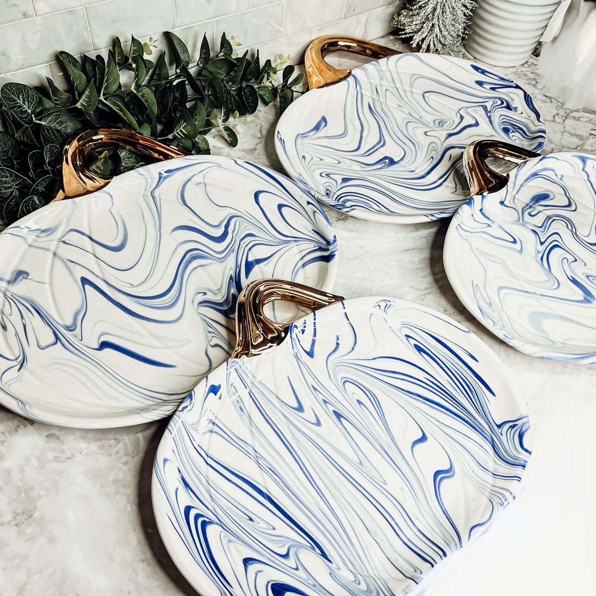Blue & White Marble Pumpkin Serving Platters – Set of 2 - Armand’s Maison & Marché