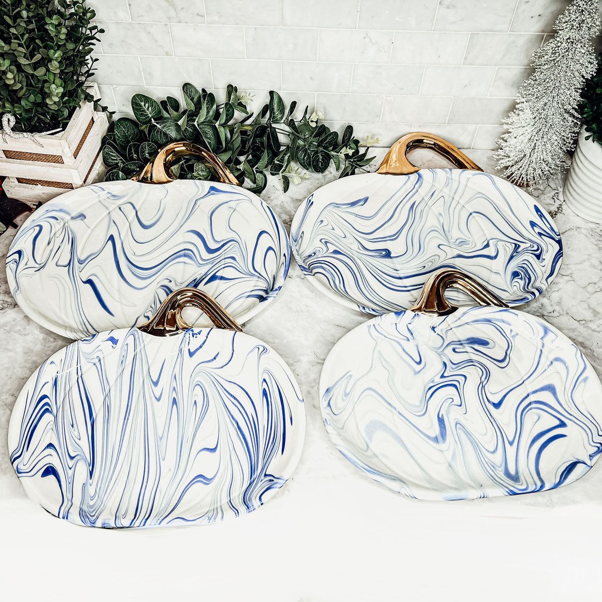 Blue & White Marble Pumpkin Serving Platters – Set of 2 - Armand’s Maison & Marché