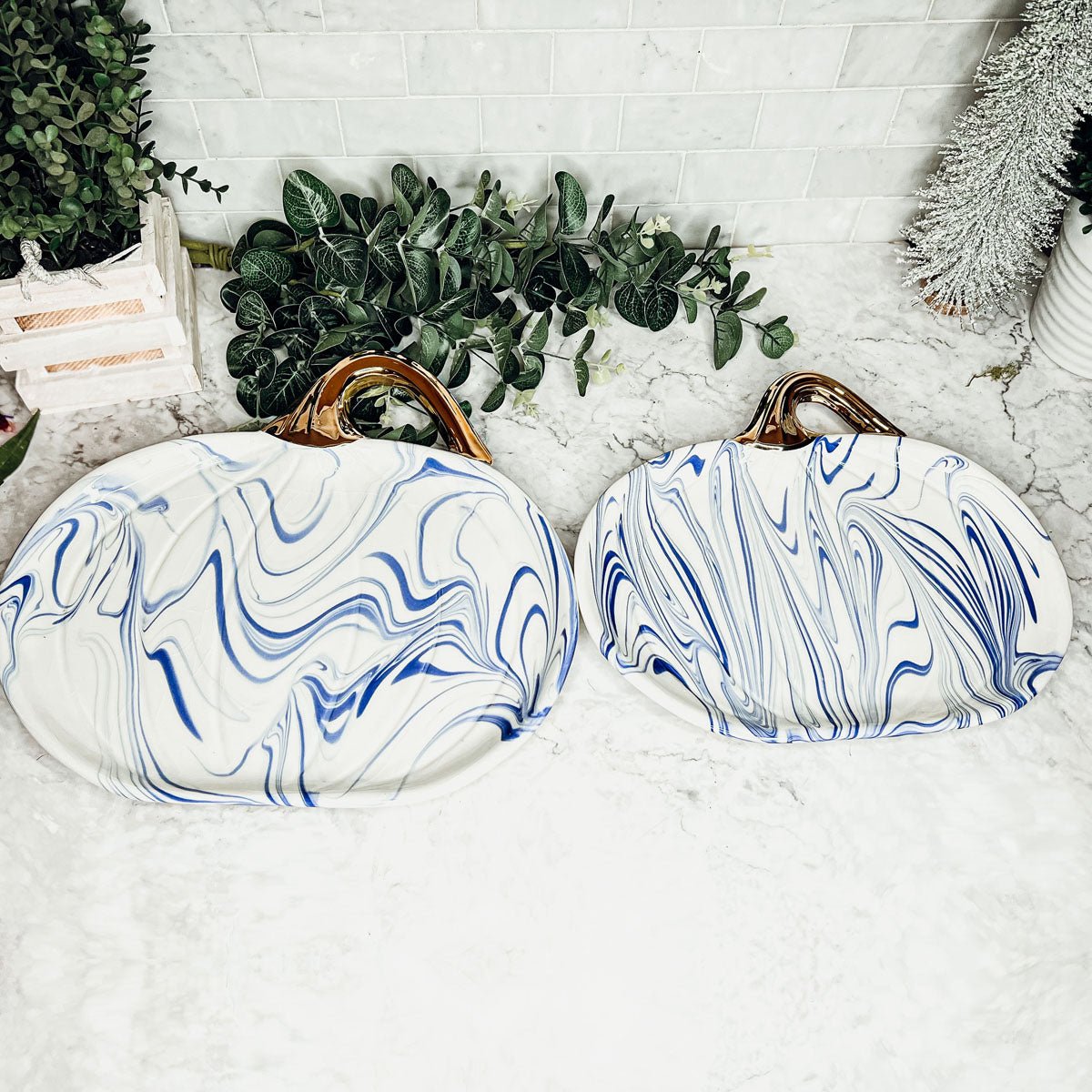 Blue & White Marble Pumpkin Serving Platters – Set of 2 - Armand’s Maison & Marché