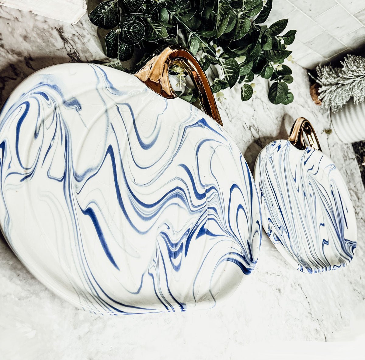 Blue & White Marble Pumpkin Serving Platters – Set of 2 - Armand’s Maison & Marché