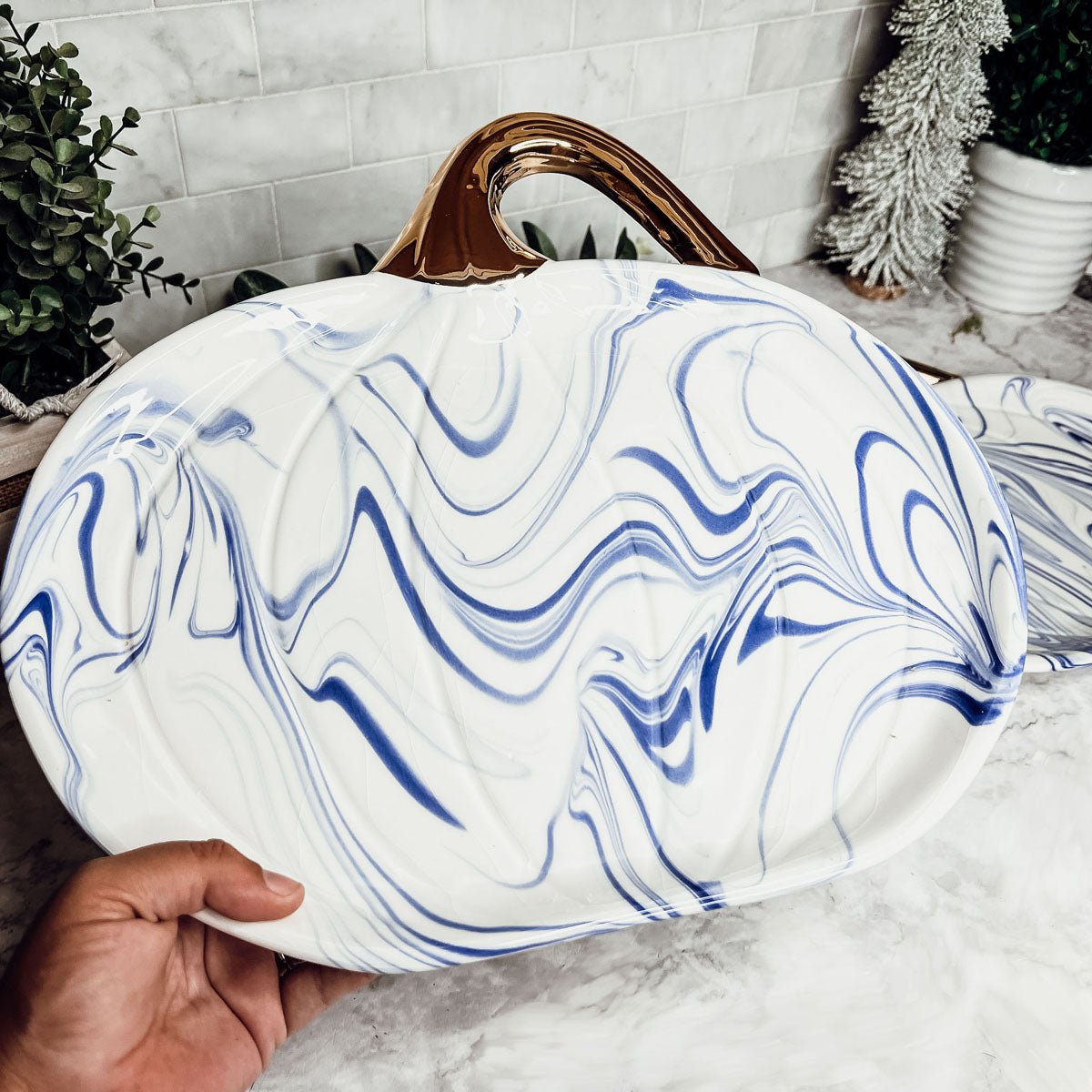 Blue & White Marble Pumpkin Serving Platters – Set of 2 - Armand’s Maison & Marché