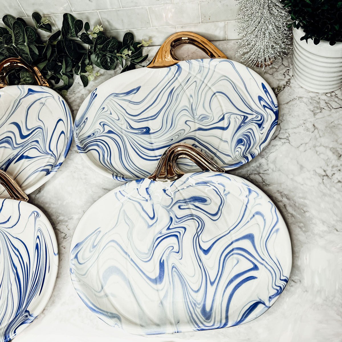 Blue & White Marble Pumpkin Serving Platters – Set of 2 - Armand’s Maison & Marché