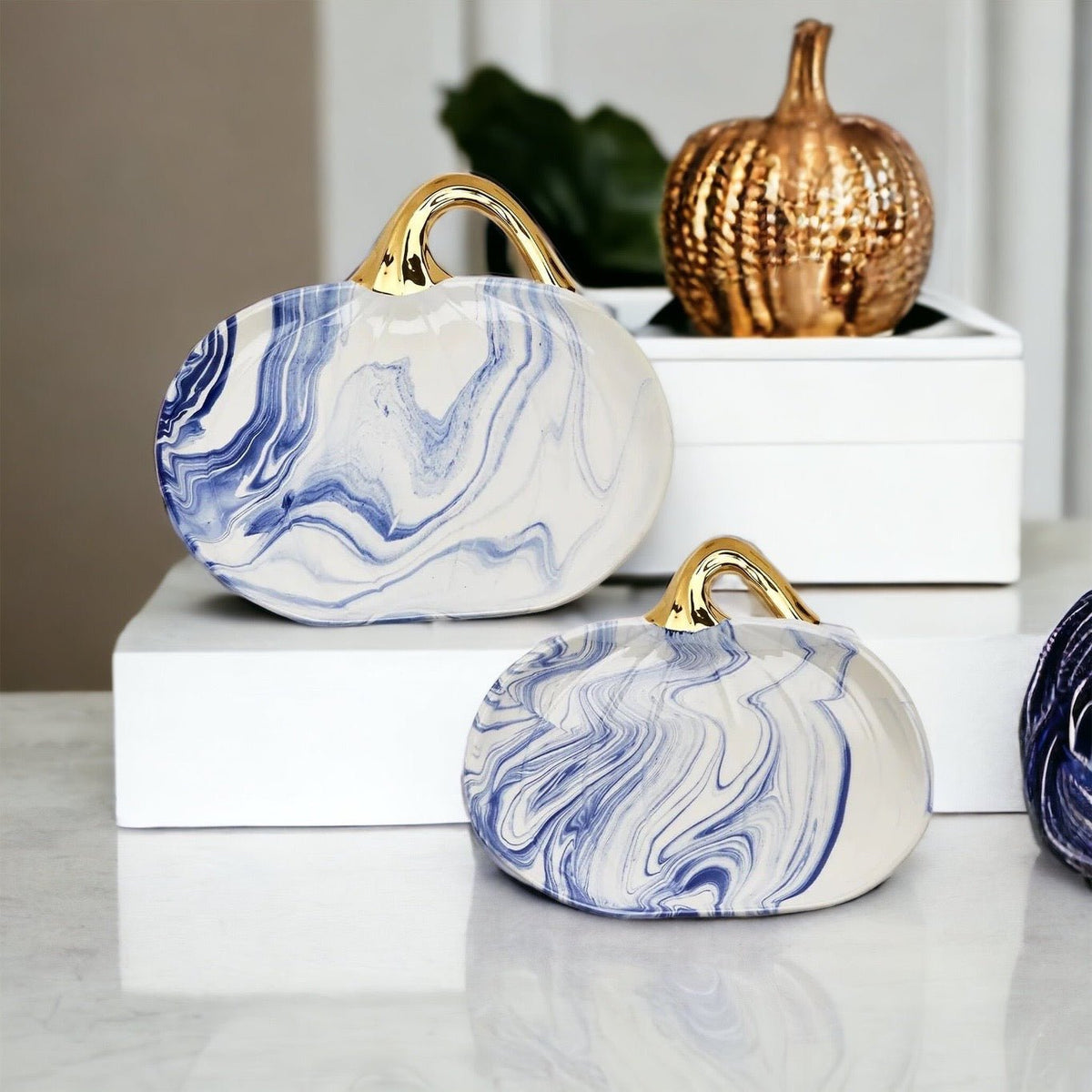 Blue & White Marble Pumpkin Serving Platters – Set of 2 - Armand’s Maison & Marché