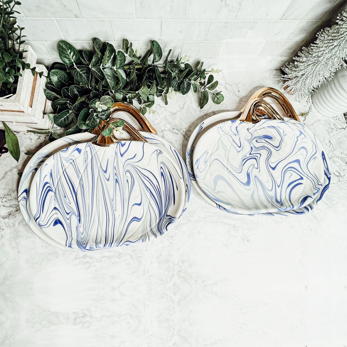 Blue & White Marble Pumpkin Serving Platters – Set of 2 - Armand’s Maison & Marché