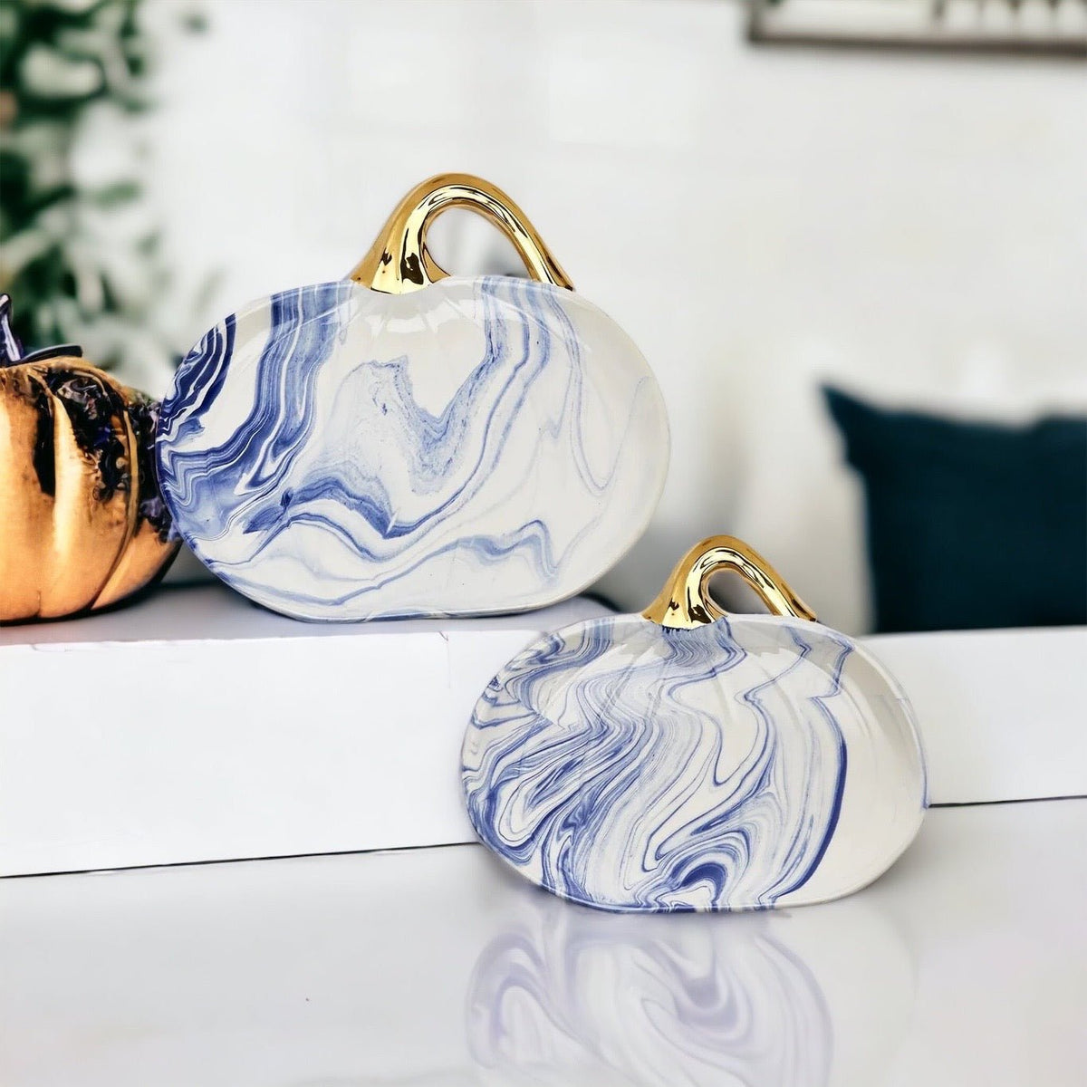 Blue & White Marble Pumpkin Serving Platters – Set of 2 - Armand’s Maison & Marché