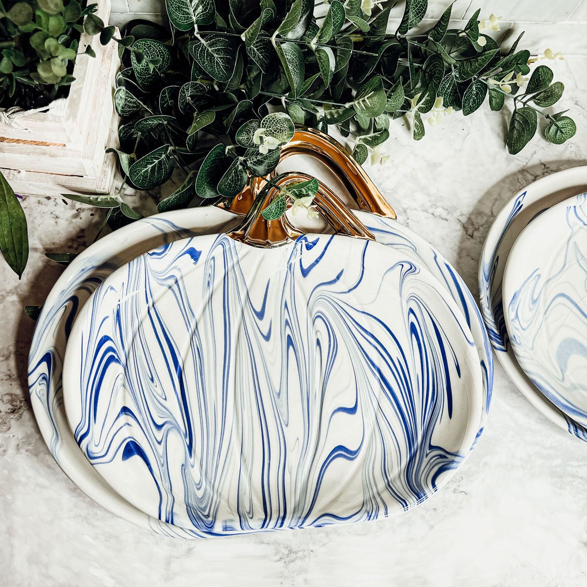 Blue & White Marble Pumpkin Serving Platters – Set of 2 - Armand’s Maison & Marché