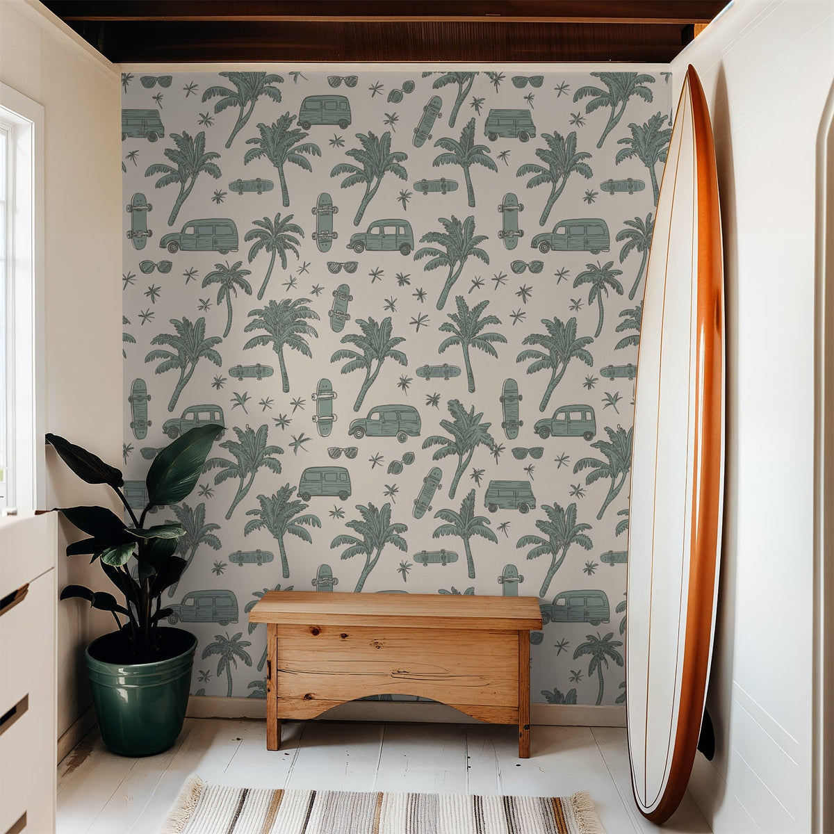 Coastal Palm Trees & Vans Wallpaper – Sage Green & Cream - Armand’s Maison & Marché