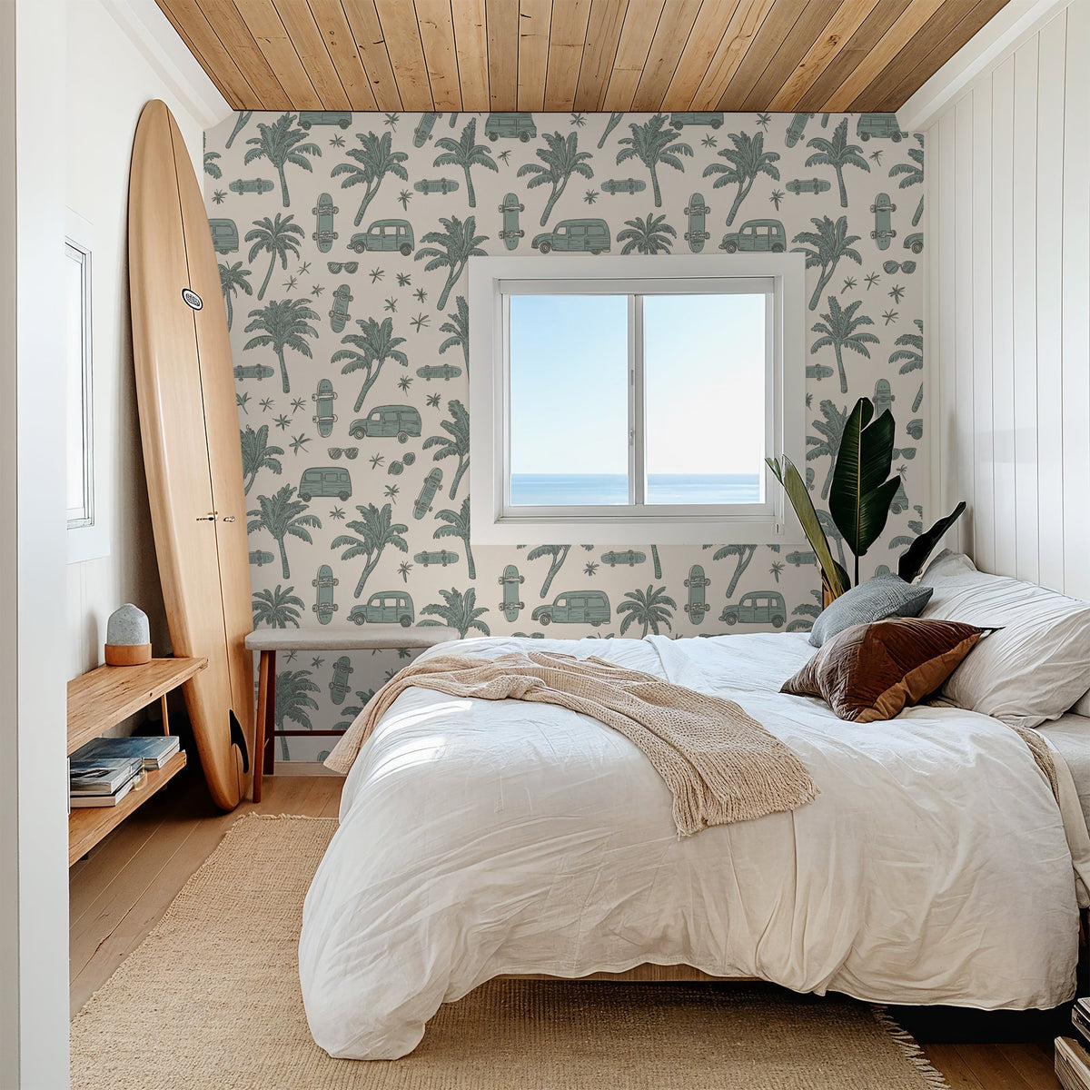 Coastal Palm Trees & Vans Wallpaper – Sage Green & Cream - Armand’s Maison & Marché