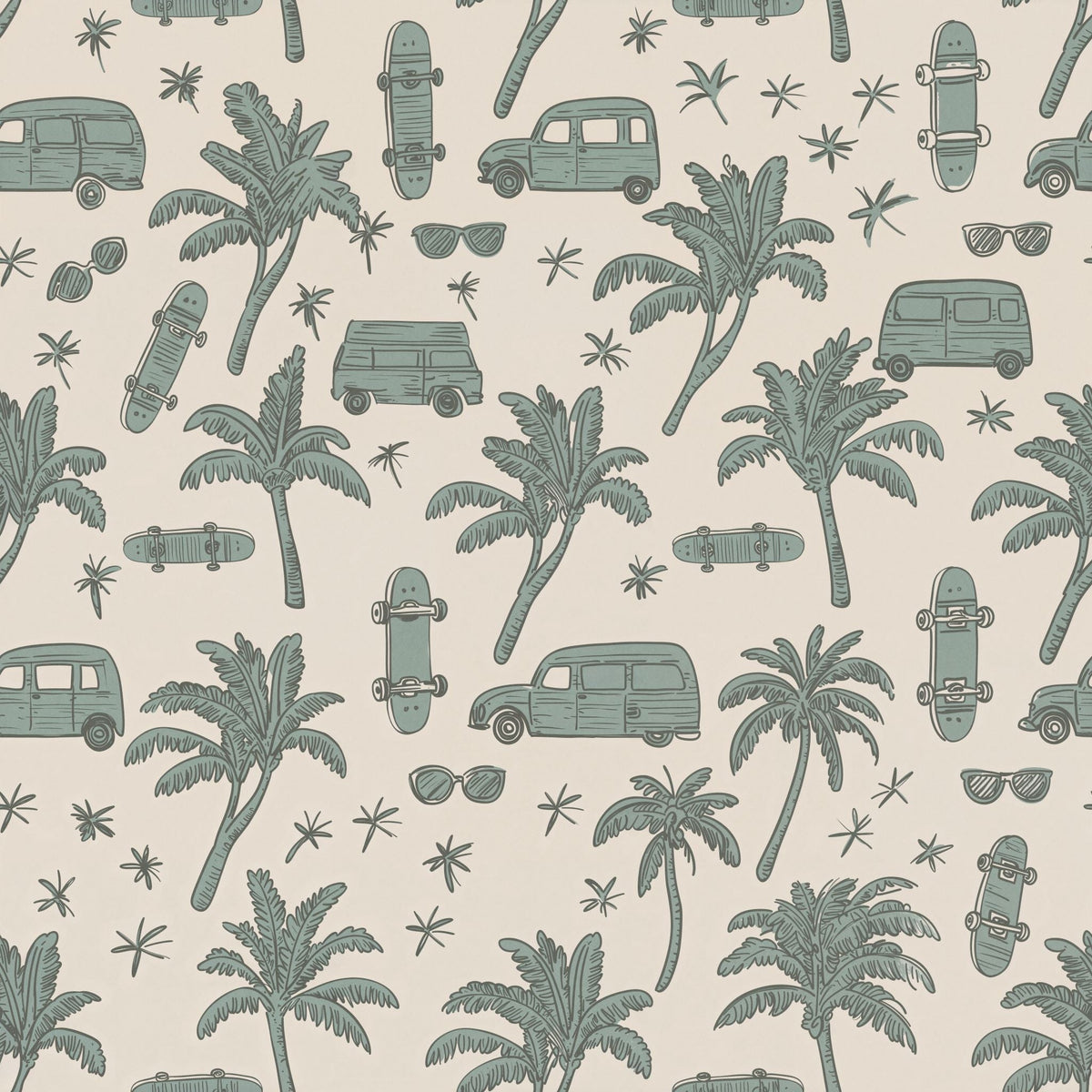 Coastal Palm Trees & Vans Wallpaper – Sage Green & Cream - Armand’s Maison & Marché