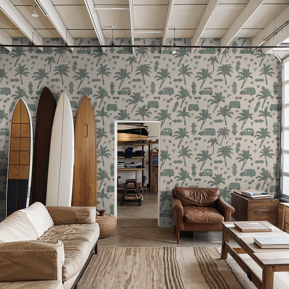 Coastal Palm Trees & Vans Wallpaper – Sage Green & Cream - Armand’s Maison & Marché