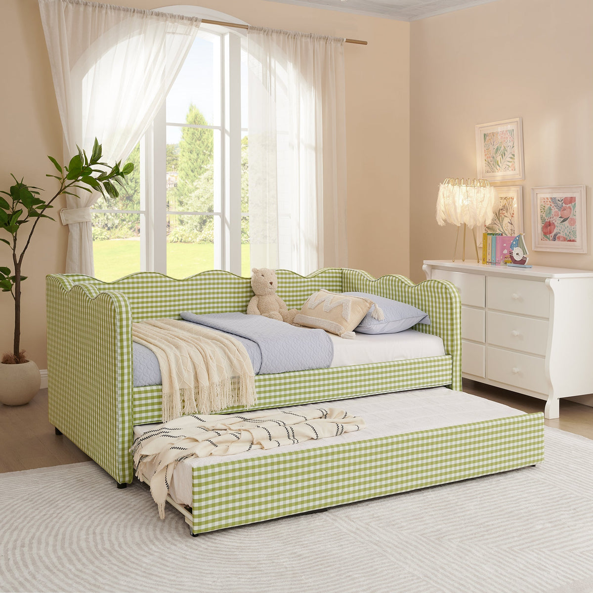 Cozy Gingham Daybed with Trundle – Twin Size - Armand’s Maison & Marché
