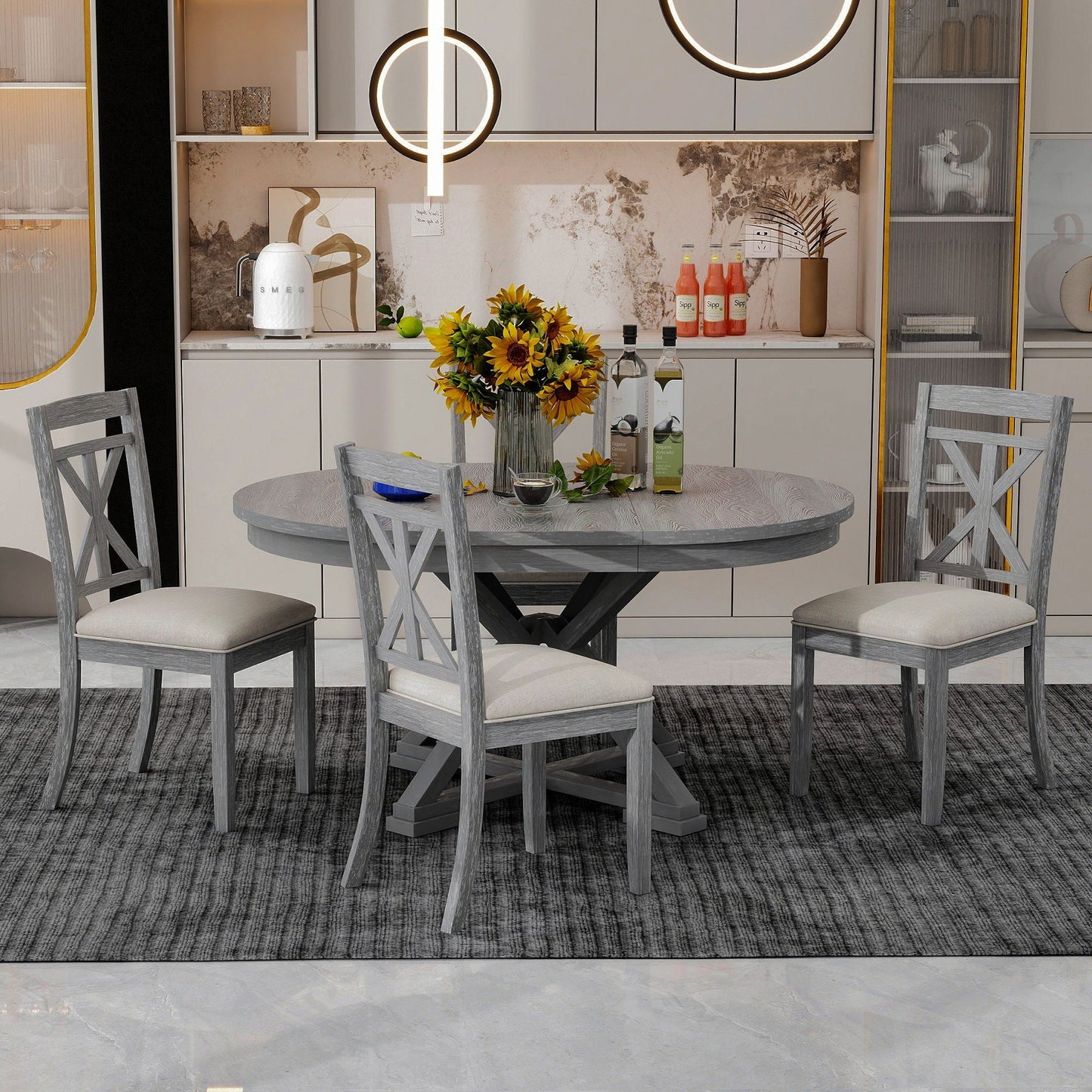 Dining Set With Extendable Round Table And 4 Upholstered Chairs - Armand’s Maison & Marché