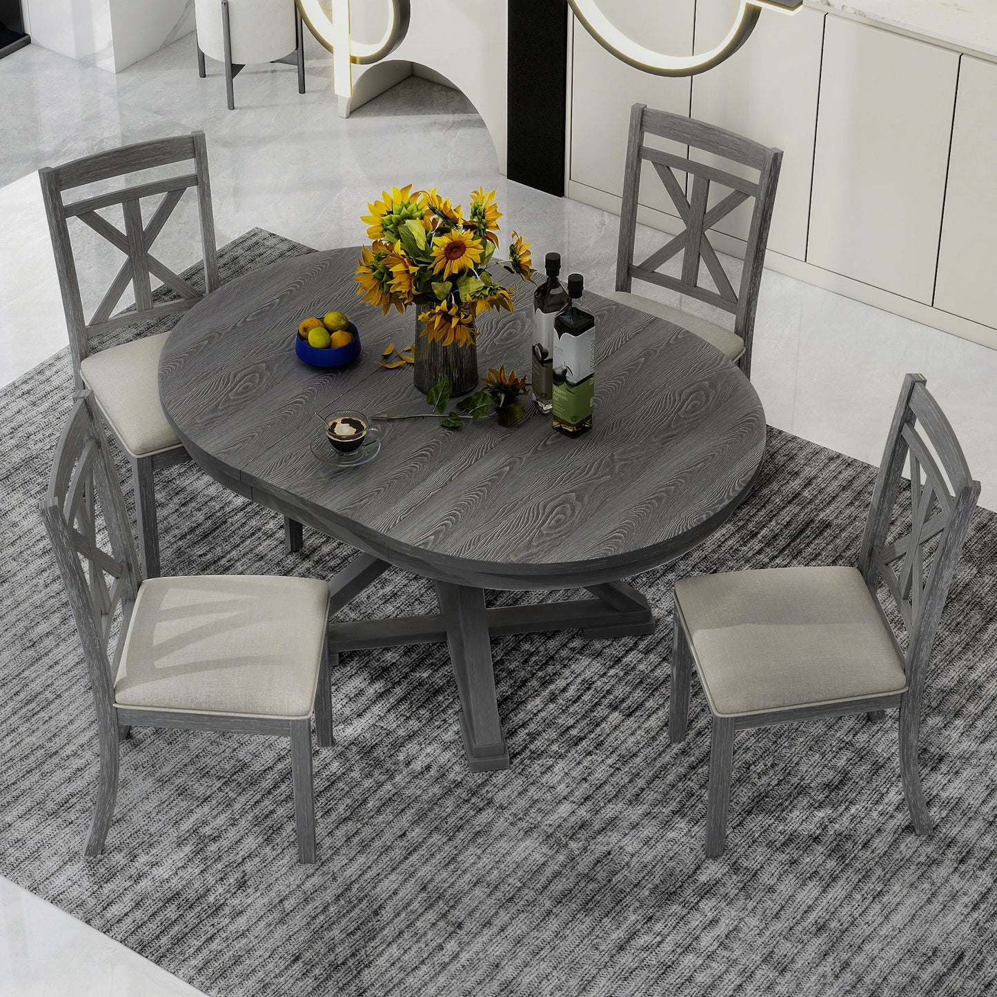 Dining Set With Extendable Round Table And 4 Upholstered Chairs - Armand’s Maison & Marché