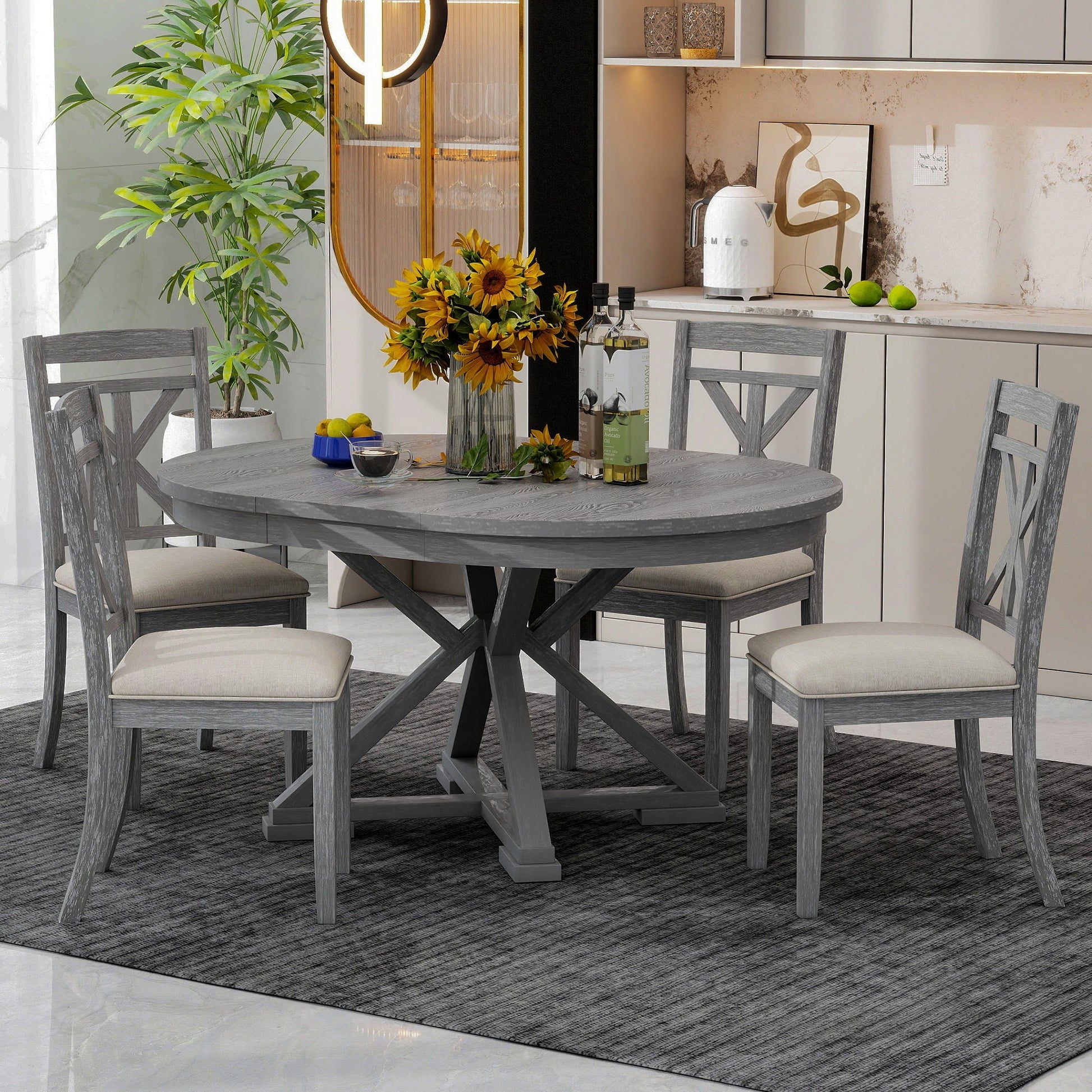Dining Set With Extendable Round Table And 4 Upholstered Chairs - Armand’s Maison & Marché