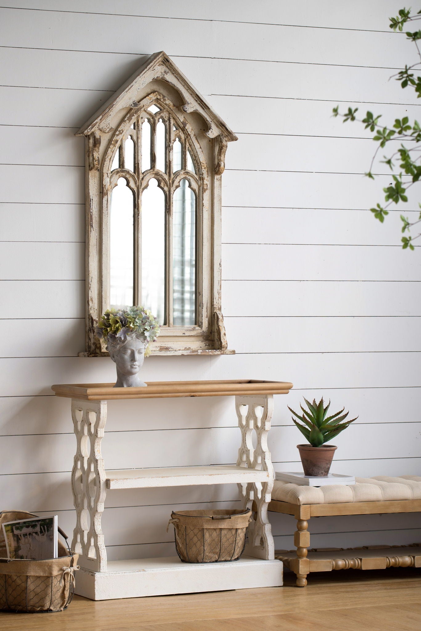 Distressed Wood Shelf Tray, French Country Console Table - Brown / Antique White - Armand’s Maison & Marché