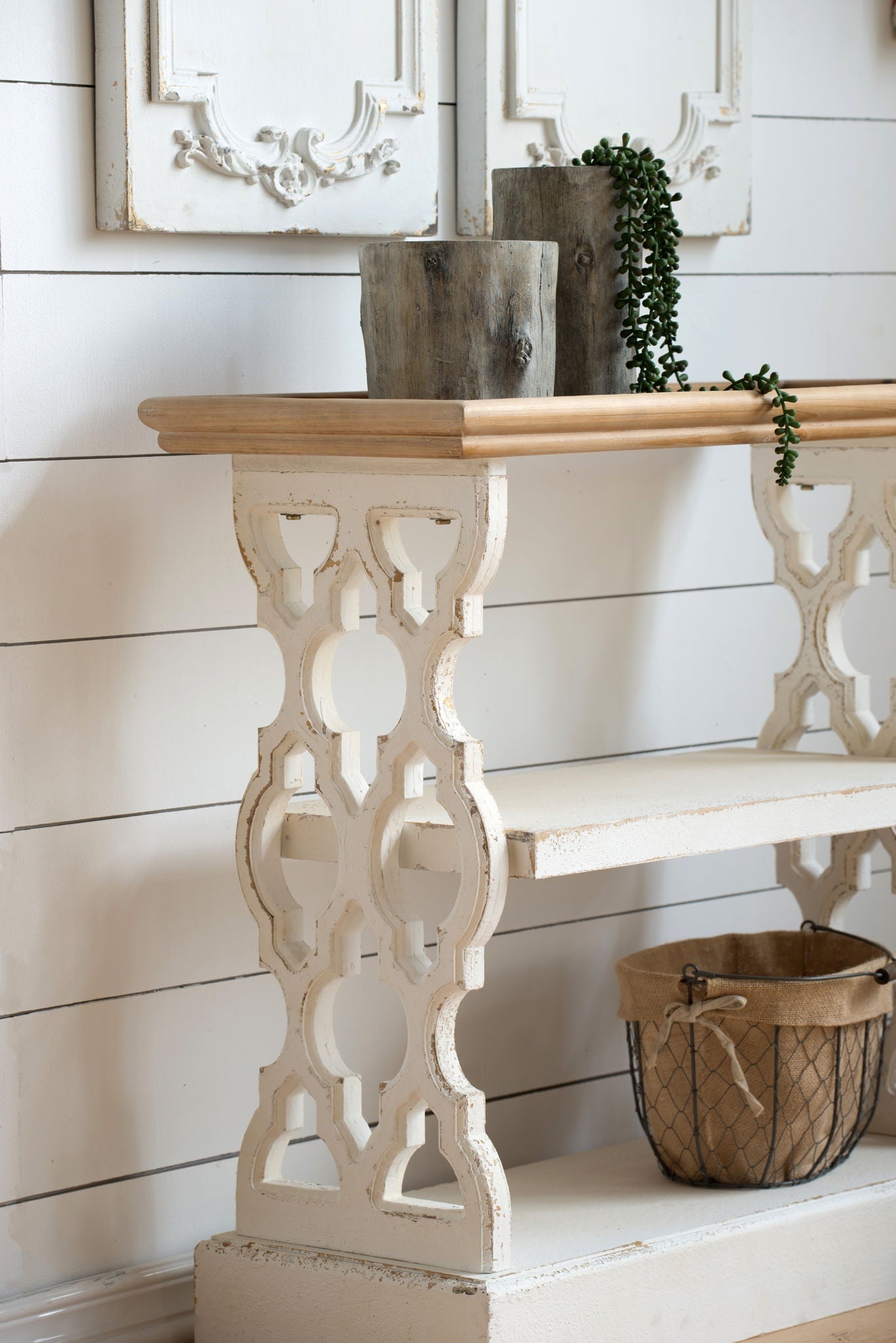 Distressed Wood Shelf Tray, French Country Console Table - Brown / Antique White - Armand’s Maison & Marché