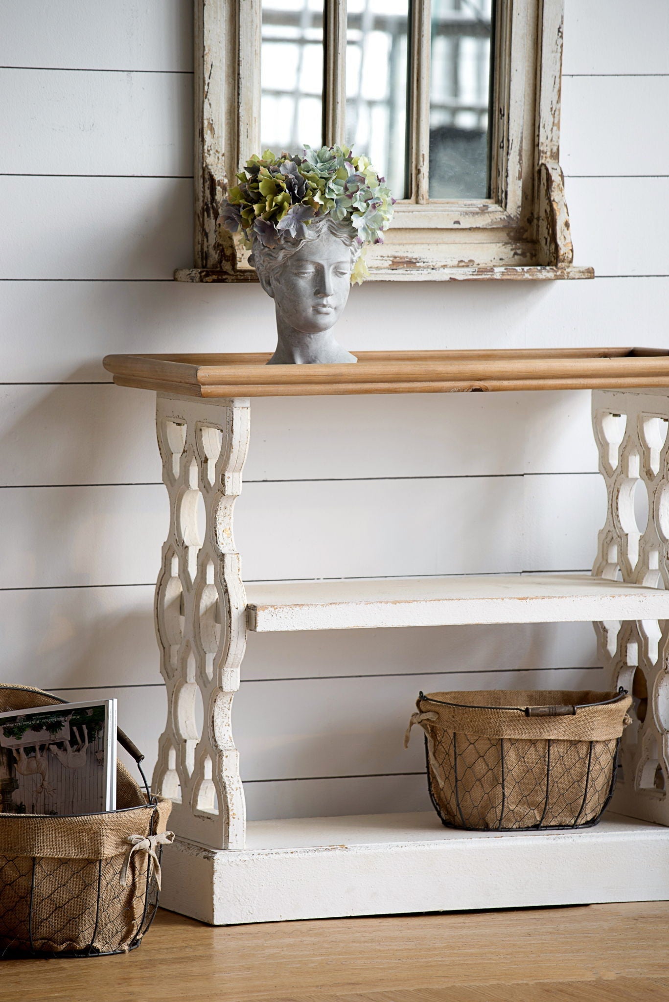 Distressed Wood Shelf Tray, French Country Console Table - Brown / Antique White - Armand’s Maison & Marché